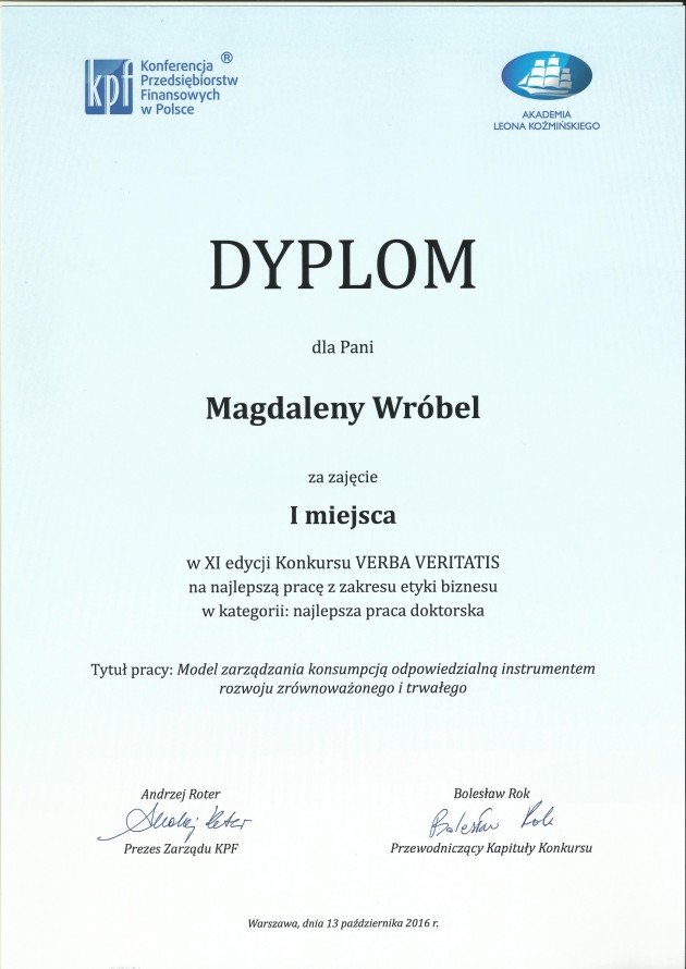 Dyplom dr Magdaleny Wróbel