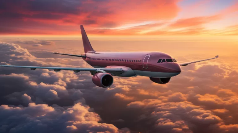 planes wing cuts through sky cotton candy clouds radiant sunset