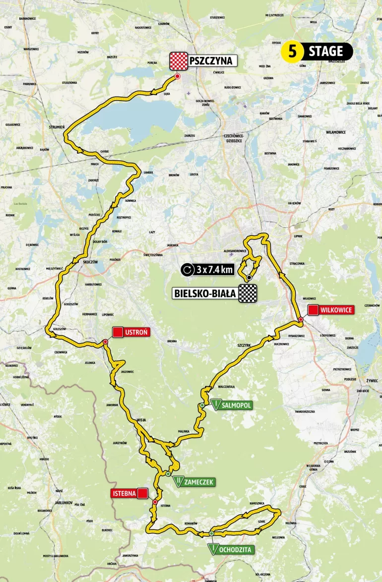 Mapa 5. etapu Tour de Pologne z Pszczyny do Bielska-Białej