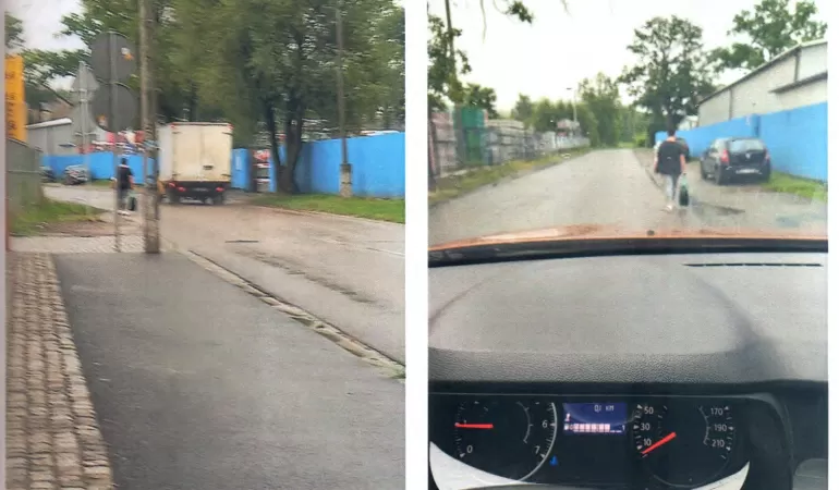 Piesza przechodząca przez pobocze ul. górniczej, w rejonie składu budowlanego