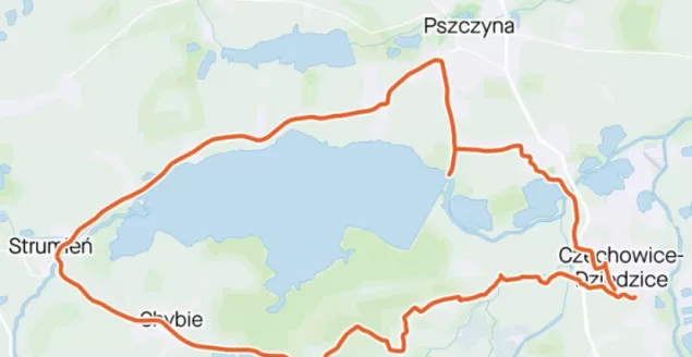 Ślad trasy wokół Jeziora Goczałkowickiego z aplikacji Strava