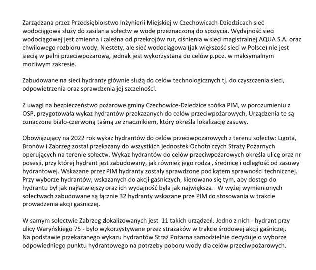 odpowiedź od Przedsiębiorstwa Inżynierii Miejskiej w Czechowicach-Dziedzicach - spółka zarządza hydrantami na teren