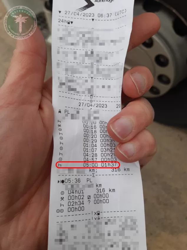 Wydruk z tachografu wykonany podczas kontroli