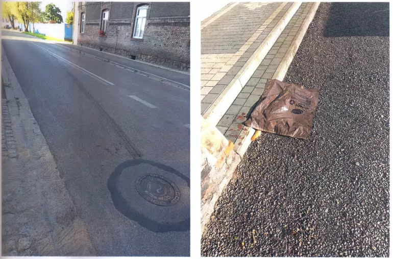 Ul. Górnicza - po prawej potrącone zwierzę zakryte folią