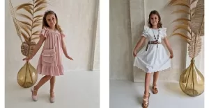dwa zdjęcia dziewczęcej modelki ubranej w sukieneczki boho.